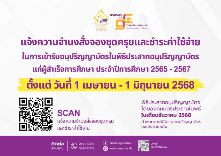 ประกาศแจ้งความจำนงสั่งจองชุดครุยและชำระค่าใช้จ่ายในการเข้ารับอนุปริญญาบัตรในพิธีประสาทฯ แก่ผู้สำเร็จการศึกษา ประจำปีการศึกษา 2565-2567
