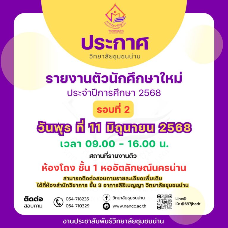 ประกาศวิทยาลัยชุมชนน่าน เรื่อง กำหนดการรายงานตัวนักศึกษา รอบที่ 2