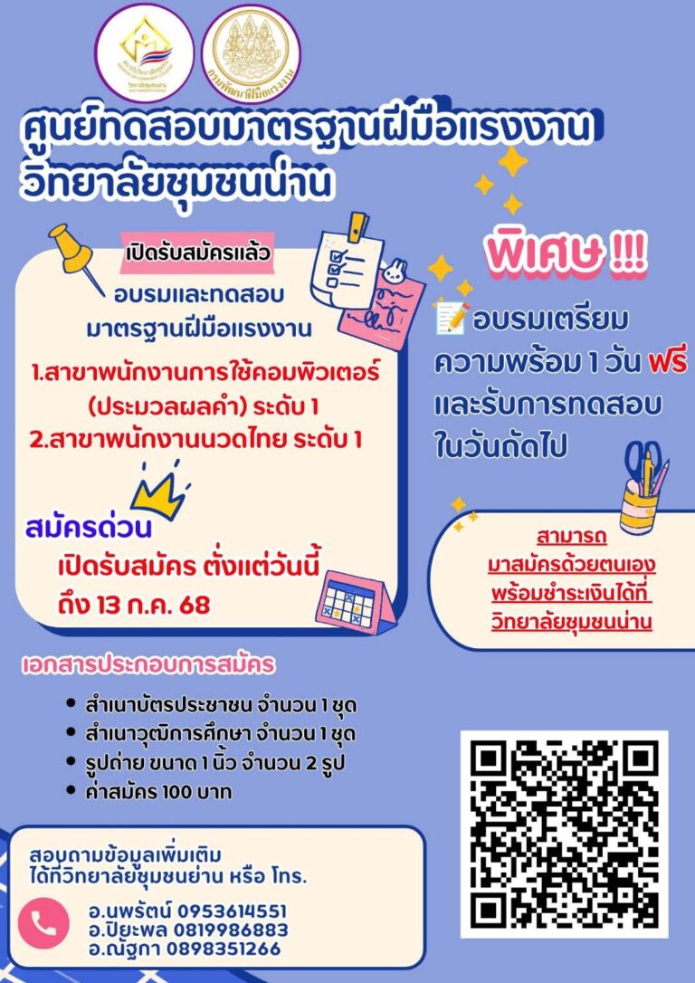ศูนย์ทดสอบมาตรฐานฝีมือแรงงาน วิทยาลัยชุมชนน่าน เปิดรับสมัครอบรมและทดสอบมาตรฐานฝีมือแรงงาน สาขาพนักงานการใช้คอมพิวเตอร์และสาขาพนักงานนวดไทย