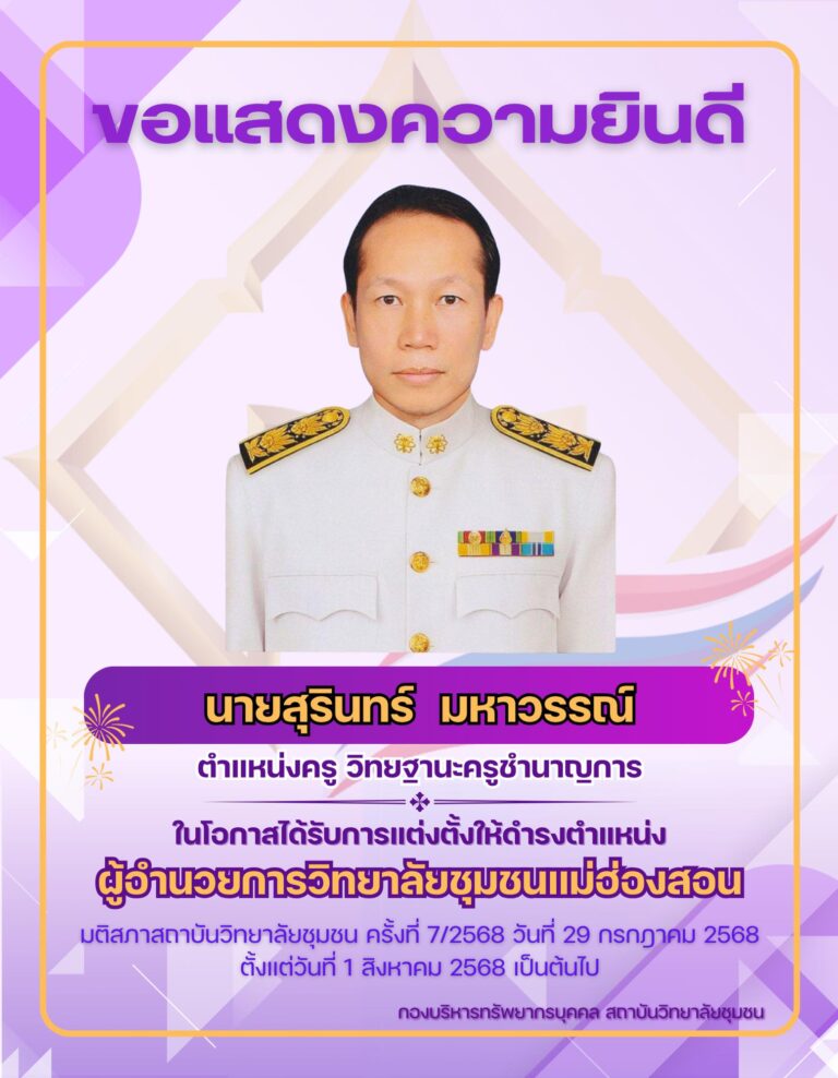 วิทยาลัยชุมชนน่าน ขอแสดงความยินดีกับ นายสุรินทร์ มหาวรรณ์ ในโอกาสได้รับแต่งตั้งให้ดำรงตำแหน่ง ผู้อำนวยการวิทยาลัยชุมชนแม่ฮ่องสอน