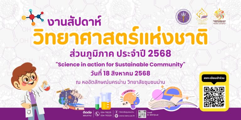 วิทยาลัยชุมชนน่าน ขอเชิญร่วมกิจกรรมงานสัปดาห์วิทยาศาสตร์ ภายใต้หัวข้อ “Science in action for Sustainable Community” วันที่ 18 สิงหาคม 2568