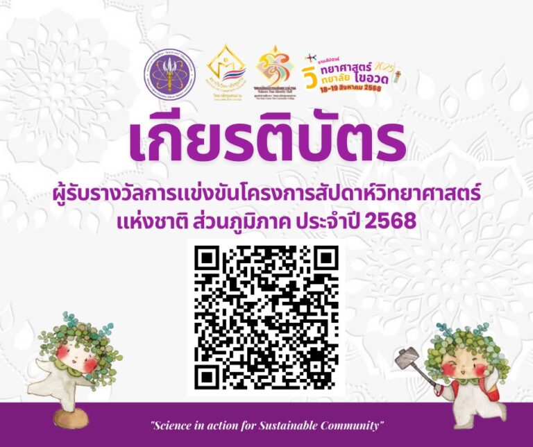 เกียรติบัตร ผู้รับรางวัลการแข่งขันโครงการสัปดาห์วิทยาศาสตร์แห่งชาติ ส่วนภูมิภาค ประจำปี 2568 งานสัปดาห์วิทยาศาสตร์แห่งชาติ ส่วนภูมิภาค ประจำปี 2568 “Science in action for Sustainable Community”