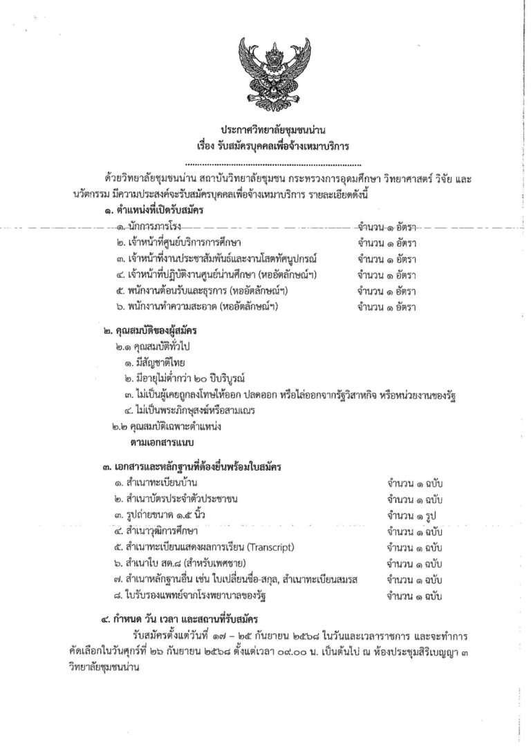 ประกาศวิทยาลัยชุมชนน่าน เรื่อง วิทยาลัยชุมชนน่านเปิดรับสมัครบุคคลเพื่อจ้างเหมาบริการ 6 ตำแหน่ง