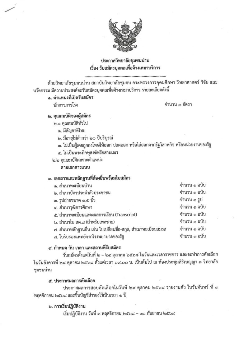 ประกาศวิทยาลัยชุมชนน่าน เรื่อง รับสมัครบุคคลเพื่อจ้างเหมาบริการ ตำแหน่ง นักการภารโรง จำนวน 1 อัตรา