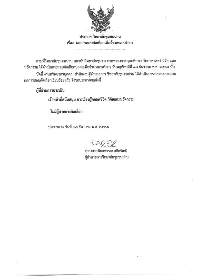 ประกาศวิทยาลัยชุมชนน่าน เรื่อง ประกาศผลการสอบคัดเลือกเพื่อจ้างเหมาบริการ