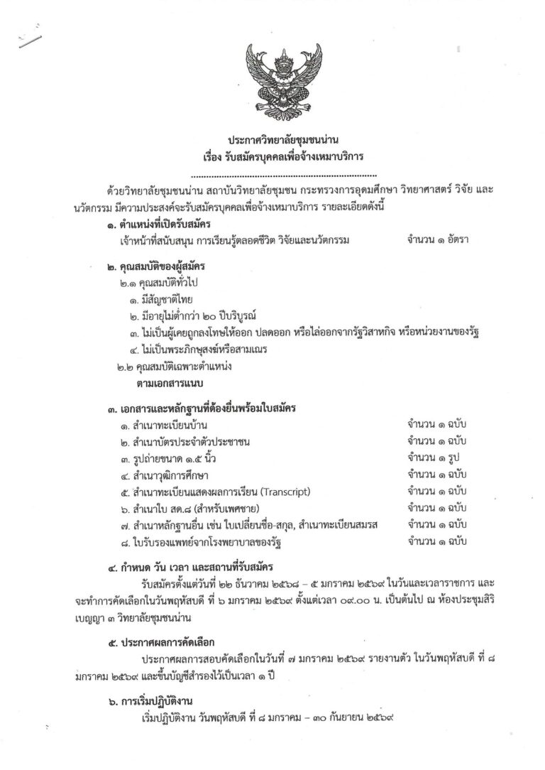 ประกาศวิทยาลัยชุมชนน่าน เรื่อง รับสมัครพนักงานจ้างเหมาบริการ จำนวน 1 ตำแหน่ง