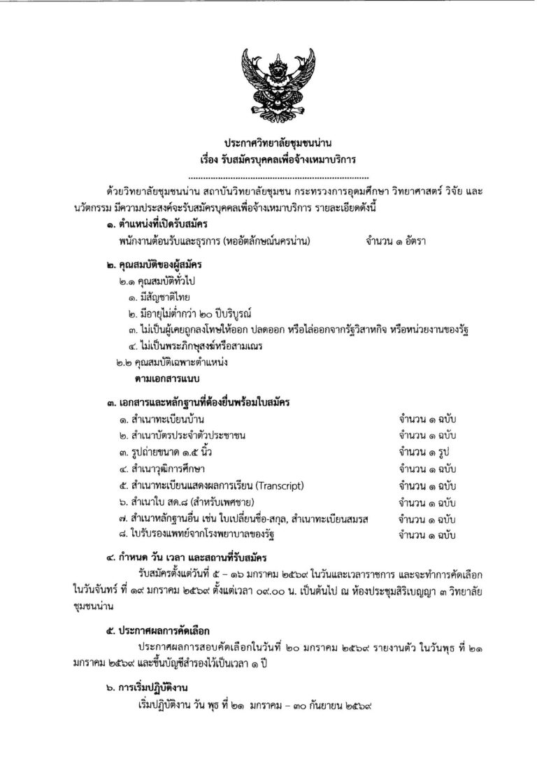 ประกาศวิทยาลัยชุมชนน่าน เรื่อง รับสมัครจ้างเหมาบริการ 1 ตำแหน่ง