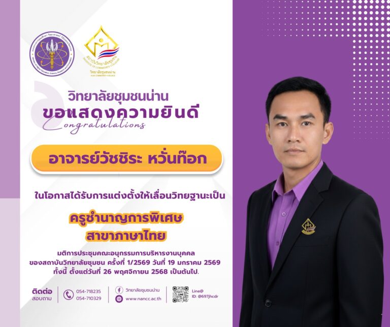 วิทยาลัยชุมชนน่าน ขอแสดงความยินดีแก่ อาจารย์วัชชิระ หวั่นท๊อก ในโอกาสได้รับแต่งตั้งให้มีวิทยฐานะ ครูชำนาญการพิเศษ