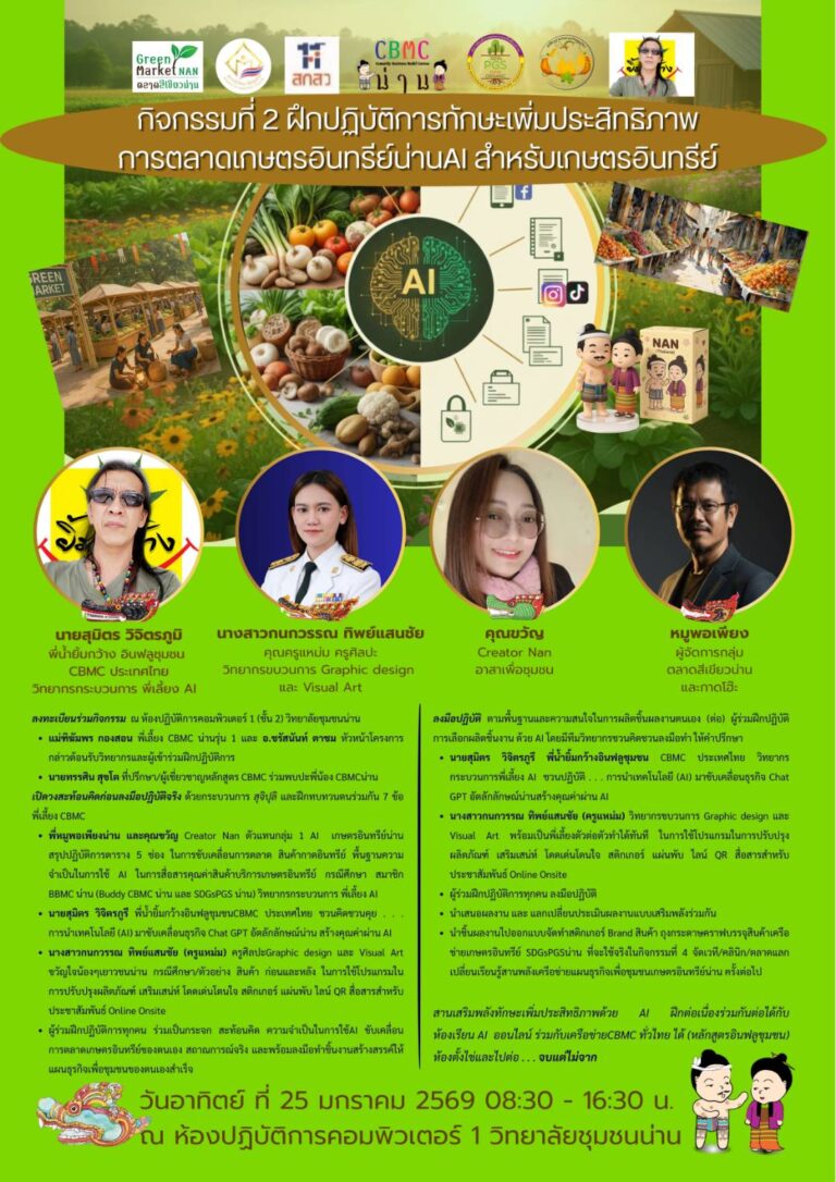 วิทยาลัยชุมชนน่านขอเชิญชวนผู้ที่สนใจ เข้าร่วมกิจกรรม “ฝึกปฏิบัติการทักษะเพิ่มประสิทธิภาพการตลาดเกษตรอินทรีย์น่าน AI สำหรับเกษตรอินทรีย์”