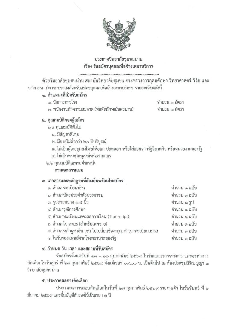 ประกาศวิทยาลัยชุมชนน่าน เรื่อง รับสมัครบุคคลเพื่อจ้างเหมาบริการจำนวน 2 ตำแหน่ง