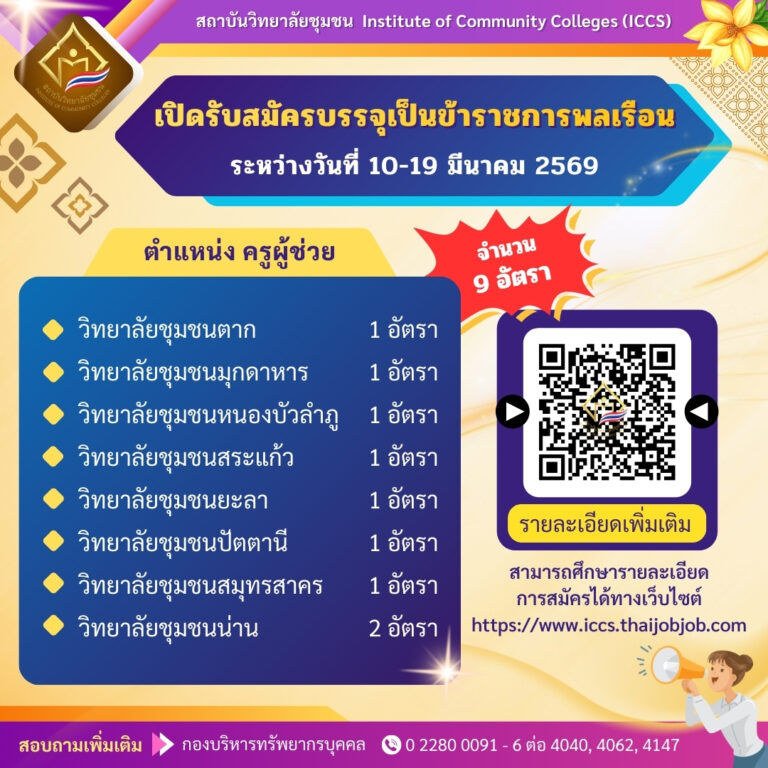 ประกาศสถาบันวิทยาลัยชุมชน เรื่อง การรับสมัครสอบแข่งขันเพื่อบรรจุและแต่งตั้งบุคคลเข้ารับราชการ ตำแหน่งครูผู้ช่วย จำนวน 9 อัตรา