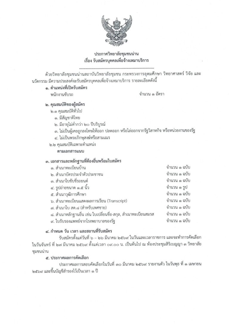 ประกาศวิทยาลัยชุมชนน่าน เรื่อง รับสมัครบุคคลเพื่อจ้างเหมาบริการตำแหน่งพนักงานขับรถ จำนวน 1 อัตรา