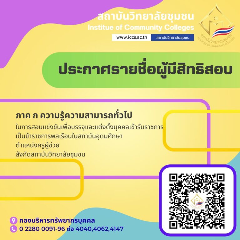ประกาศสถาบันวิทยาลัยชุมชน เรื่อง ประกาศรายชื่อผู้มีสิทธิสอบ ภาค ก ความรู้ความสามารถทั่วไป ตำแหน่งครูผู้ช่วย สังกัดสถาบันวิทยาลัยชุมชน