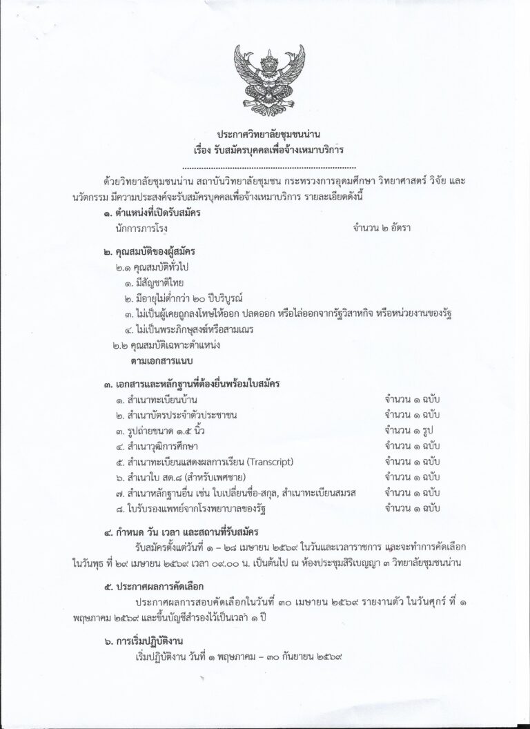 ประกาศวิทยาลัยชุมชนน่าน เรื่อง รับสมัครบุคคลเพื่อจ้างเหมาบริการ ตำแหน่ง นักการภารโรง จำนวน 2 ตำแหน่ง