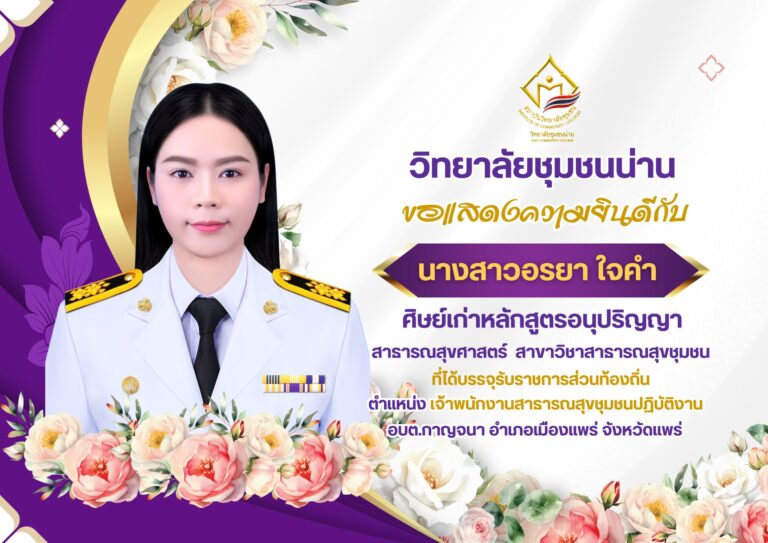 วิทยาลัยชุมชนน่าน ขอแสดงความยินดีกับศิษย์เก่าหลักสูตรอนุปริญญา สาขาวิชาสาธารณสุขชุมชน ที่ได้บรรจุรับราชการส่วนท้องถิ่น ตำแหน่ง เจ้าพนักงานสาธารณสุขชุมชนปฏิบัติงาน