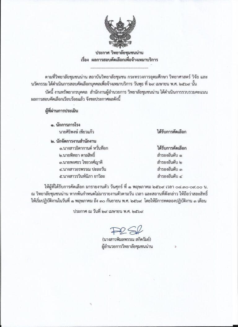 ประกาศวิทยาลัยชุมชนน่าน เรื่อง รายชื่อผู้ผ่านการคัดเลือกเพื่อจ้างเหมาบริการ