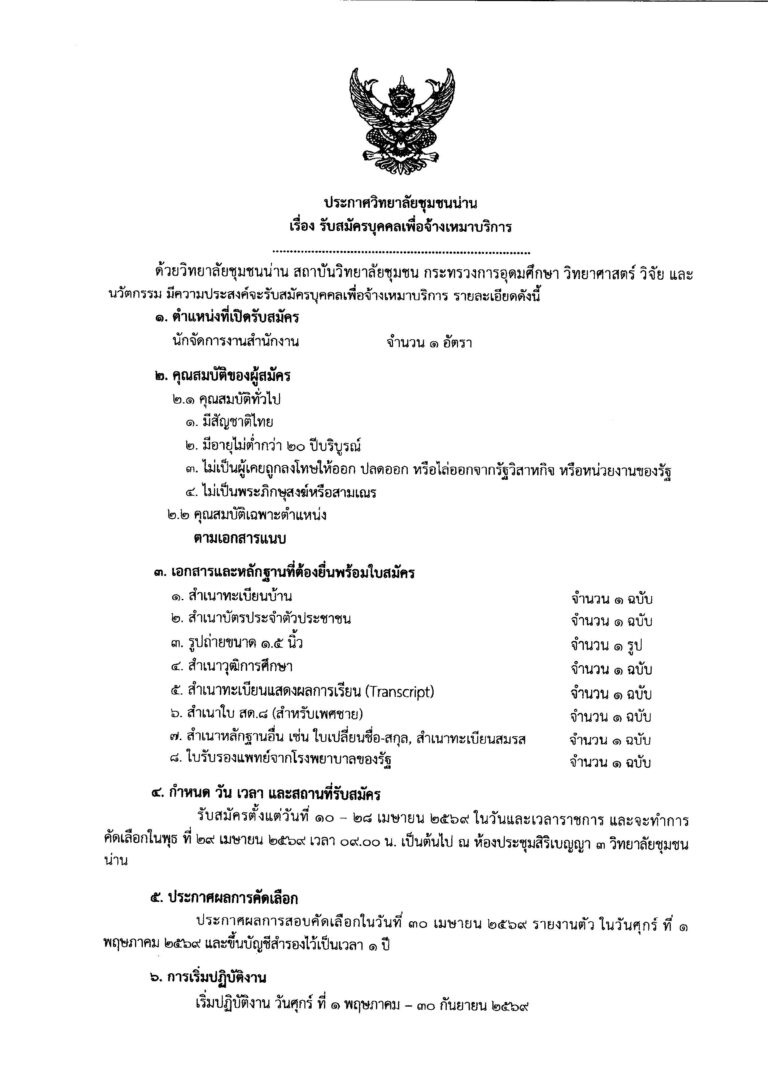 ประกาศวิทยาลัยชุมชนน่าน เรื่อง รับสมัครบุคคลเพื่อจ้างเหมาบริการ ตำแหน่ง นักจัดการงานสำนักงาน จำนวน 1 อัตรา