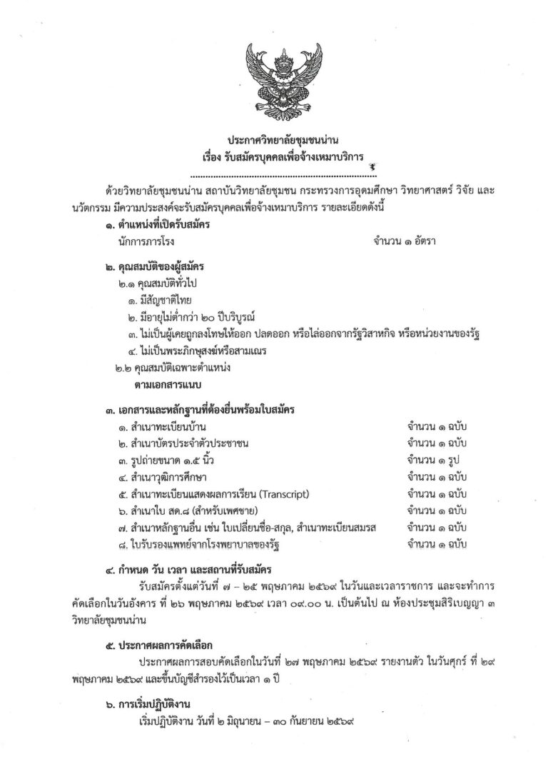 ประกาศวิทยาลัยชุมชนน่าน เรื่อง รับสมัครบุคคลเพื่อจ้างเหมาบริการ ตำแหน่ง นักการภารโรง (รับเพิ่มอีก 1 อัตรา)